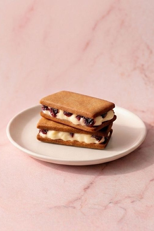 Stack of cookie sandwiches on a white plate with a pink marble background